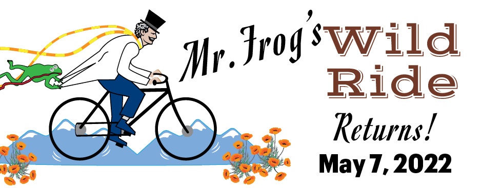 Logo for Mr. Frog's Wild Ride Returns on May 7, 2022. Drawing of man in top hat and orange and yellow scarf on bicycle with frog hanging from his coat tails.